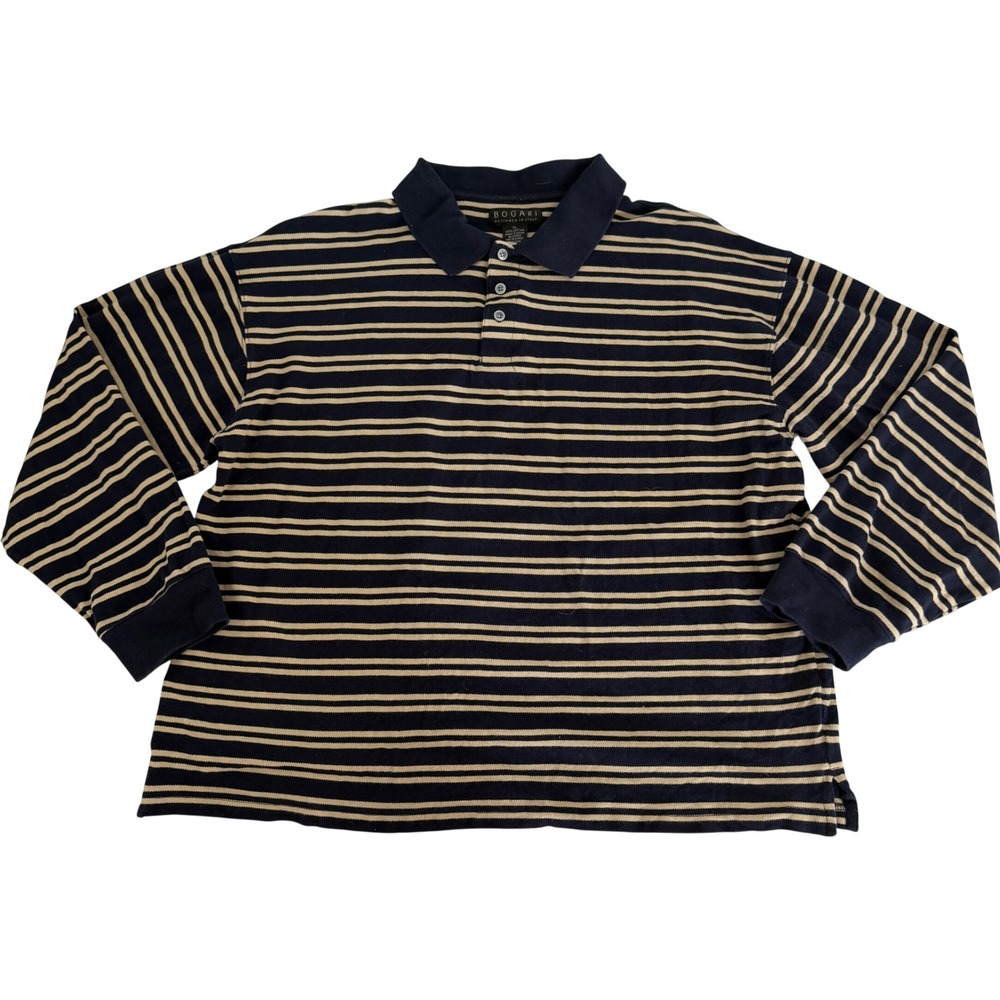 Bogari Men XL Long Sleeve Polo Shirt Navy‎ Tan Striped Knit Italy Preppy Cropped